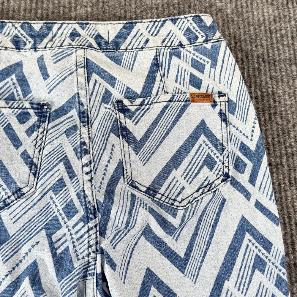 Rock & Roll Denim Bargain Button Bell Flare Jeans Womens 27x36 Blue Geometric - Picture 9 of 15
